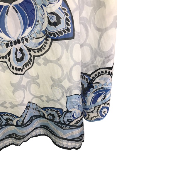 Hale Bob Women's Silk Beaded Tunic Top White & Blue Persian Floral Print Sheer S - Picture 10 of 11